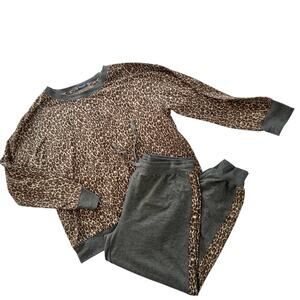 Splendid Pj leopard XL set/2 piece sweatshirt sweatpants pull over gray comfort